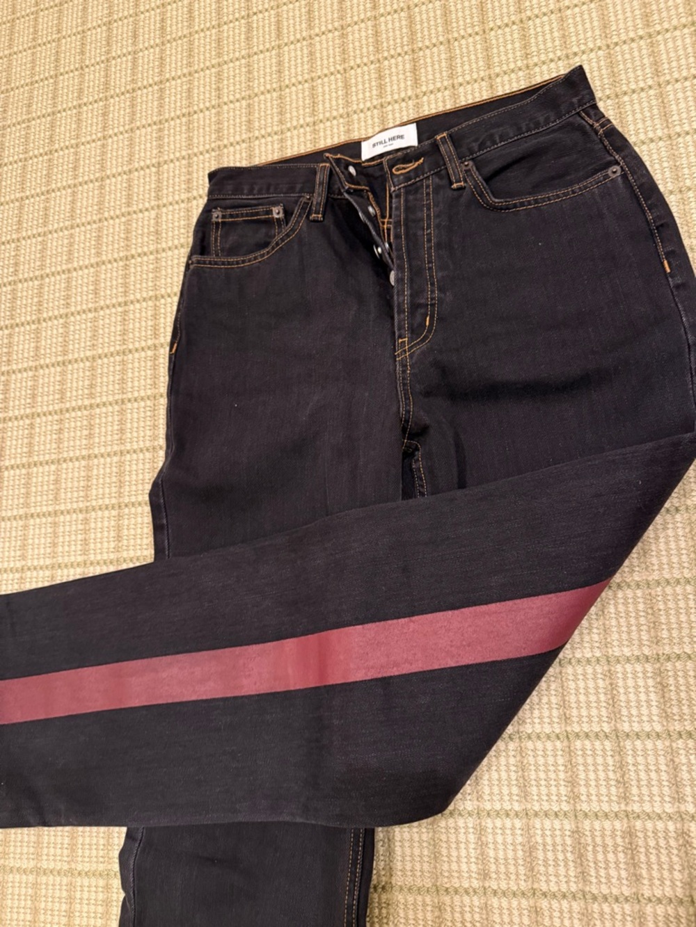 Still Here Women’s Straight Leg Black Jeans with Burgundy back Stripe